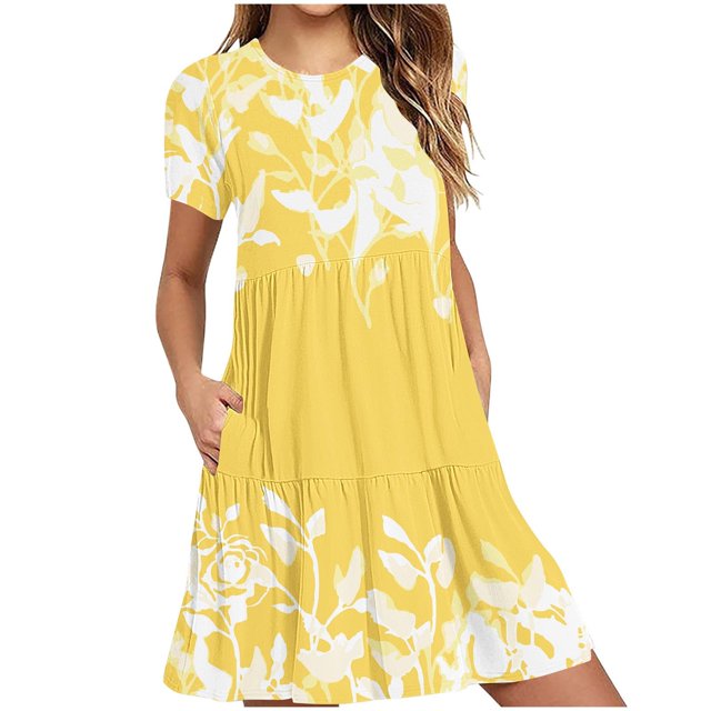 Weiqiqre Robes pour Femmes Été Décontractées à Manches Courtes Col Ras du Cou Robes T-Shirt Amples Évasées Mini avec Poches