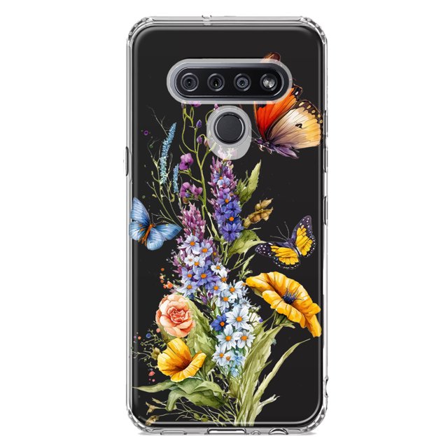 MUNDAZE LG K51 Yellow Purple Spring Flowers Butterflies Floral Shockproof Clear Hybrid Protective Phone Case Cover