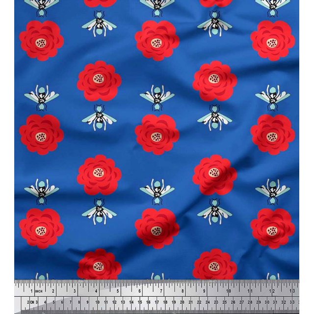 Soimoi Poly Georgette Fabric Floral & Bee Insects Print Sewing Fabric Yard 52 Inch Wide