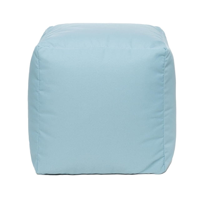 Gouchee Home Cube Soleil Outdoor/Indoor Oceania Ottoman Pouf in light blue, a 16-inch cube with water-repellent Olefin fabric and high-density polystyrene bead filling, lightweight and compact for kids' bean bag seating or footrest, ideal for indoor or outdoor use.