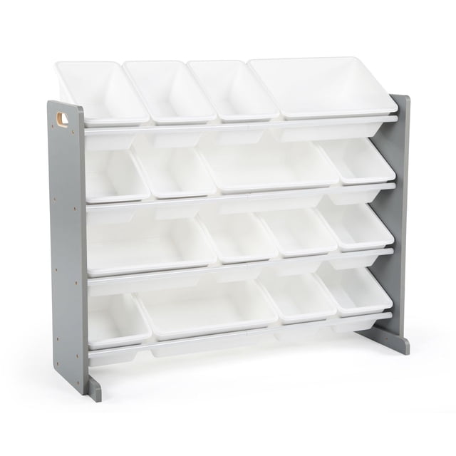 Humble Crew Tot Tutors SuperSized Toy Storage Organizer with 16 Storage Bins, featuring a grey engineered wood frame and white BPA-free plastic bins on four tiered shelves, ideal for organizing toys, books, and games in playrooms or bedrooms with removable bins sized for toddlers and preschoolers.