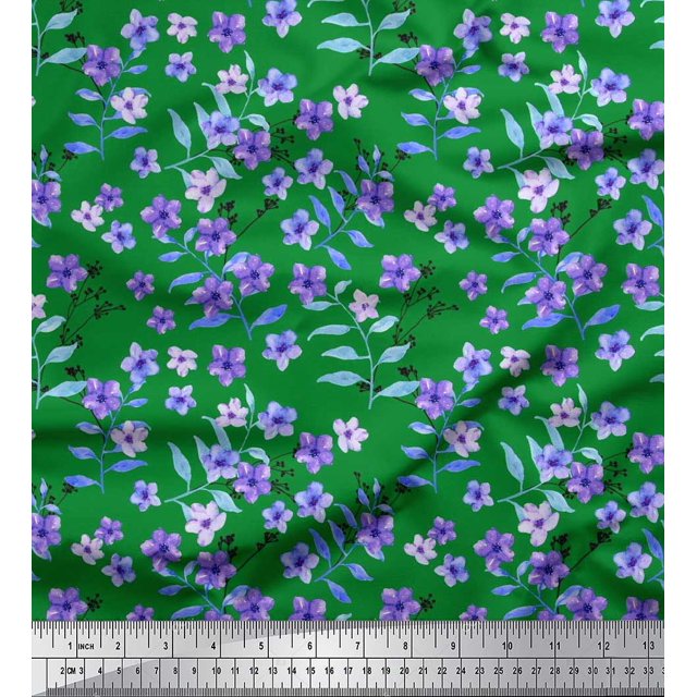 Soimoi Poly Georgette Fabric Leaves & Periwinkle Floral Printed Craft Fabric by The Yard 42 Inch Wide