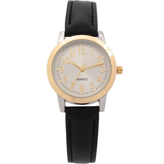 Ladies Black Strap Watch with a 30mm silver case and gold bezel, champagne dial with gold hands and numerals, black leather strap with stitched detailing, quartz movement, battery included, and stainless steel case back, suitable for casual and formal wear.