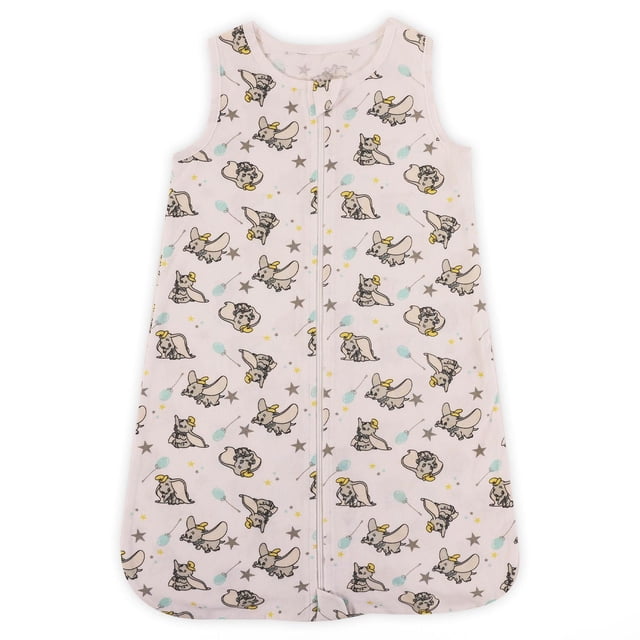 Disney Lightweight Wearable Sleep Blanket in light pink with an all-over Dumbo print, grey stars, and blue balloons, sleeveless with a front zipper, designed as a baby sleepsack for infants 0-6 months.