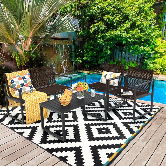 Gymax Ensemble de Conversation pour Patio 4 Pcs Cour Jardin Extérieur avec Table à Café