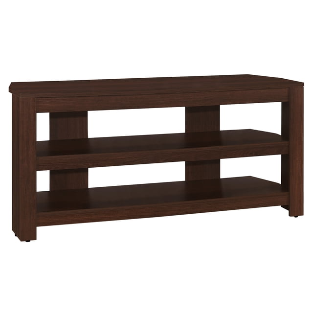 Monarch Specialties Meuble Télé - Longueur de 42 Pouces en Fini Bois Cerisier, Conçu pour le placement dans les Coins. Comprend un Piédestal Central et Deux Panneaux Épais d'Étagères Ouvertes concept pour le Rangement d'Accessoires et de Jeux. Fait de Panneau de Particules et de Stratifié, Ce Centre de Divertissement Fonctionnel et Élégant Mesure 42 Pouces de long, 16 Pouces de Profondeur et 20 Pouces de Hauteur.