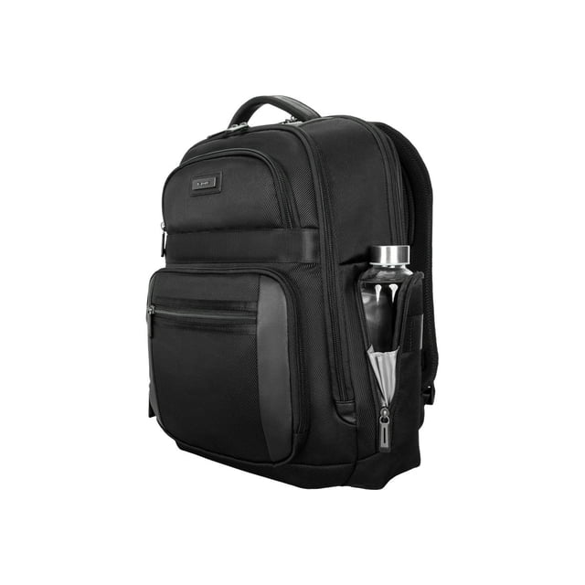 Targus 15–16” Mobile Elite Sac à Dos Compatible avec les Points de Contrôle Conçu pour Ordinateurs Portables, Présentant un design Noir Épuré avec Plusieurs Compartiments, Incluant une Poche avant à Doublure Souple, des Poches Latérales Extensibles pour Bouteilles d'Eau, et un Compartiment Principal Spacieux. Équipé d'Une Bandoulière SafePort pour la protection des Ordinateurs Portables, de Fermetures Éclair Verrouillables et d'Une Sangle de Chariot pour la Commodité en Voyage.