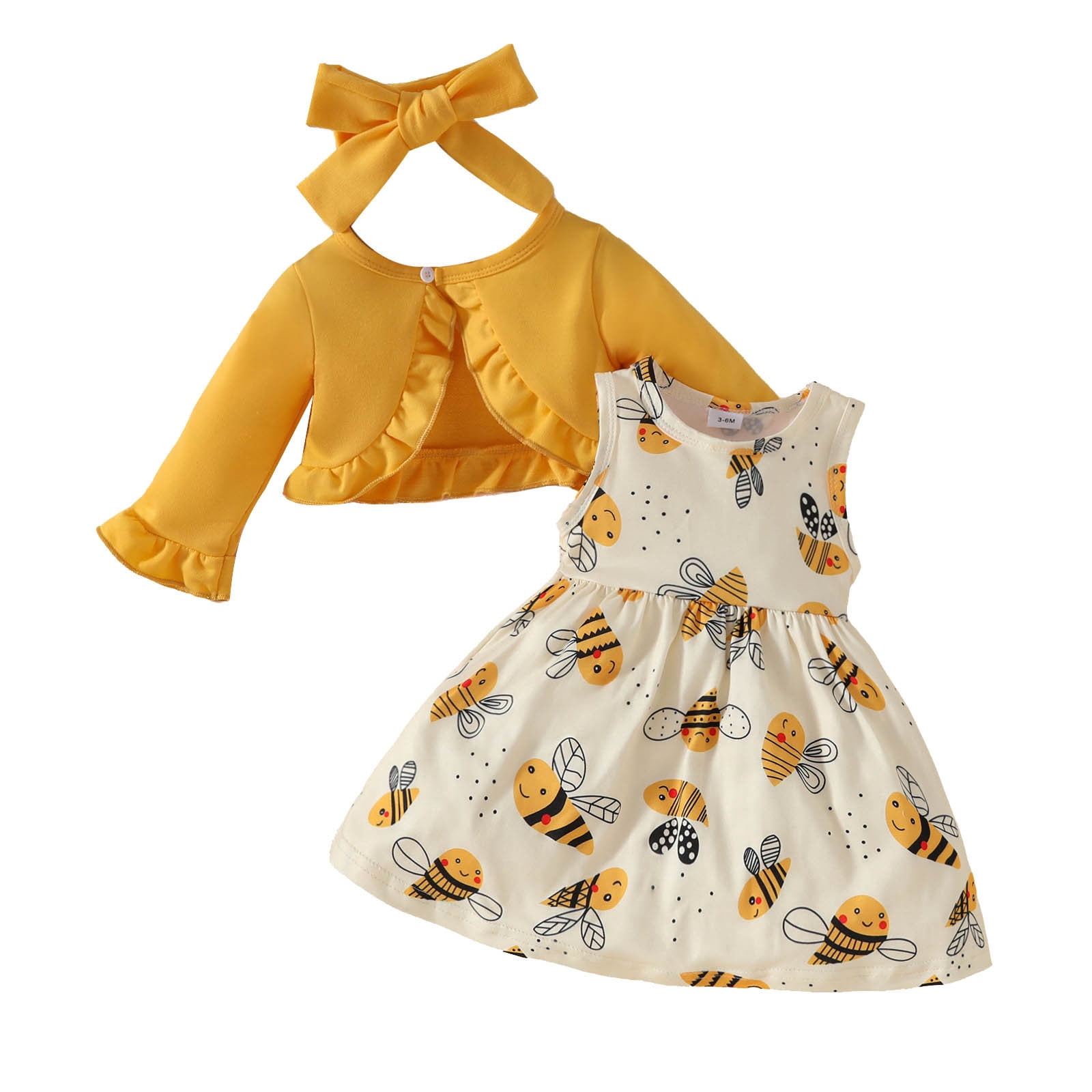 Hiiyo Girls Outfits Cartoon Bee Prints Tank Dress Ruffle Long Sleeve Shirt Headband Set