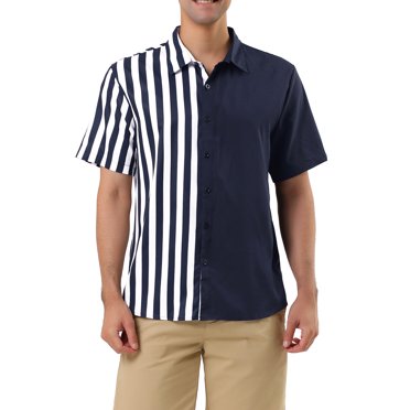INSPIRE CHIC Men's Color Block Button Down Short Sleeve Striped Shirts Yellow Blue XL
