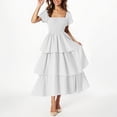 thumbnail image 2 of yoeyez Robes d'Été pour Femmes à Manches Courtes Volantées, Encolure Carrée, Robe Midi Smockée, à Étages, Plage, Vacances, Fluide, Coupe Évasée, Blanc, G, 2 of 7
