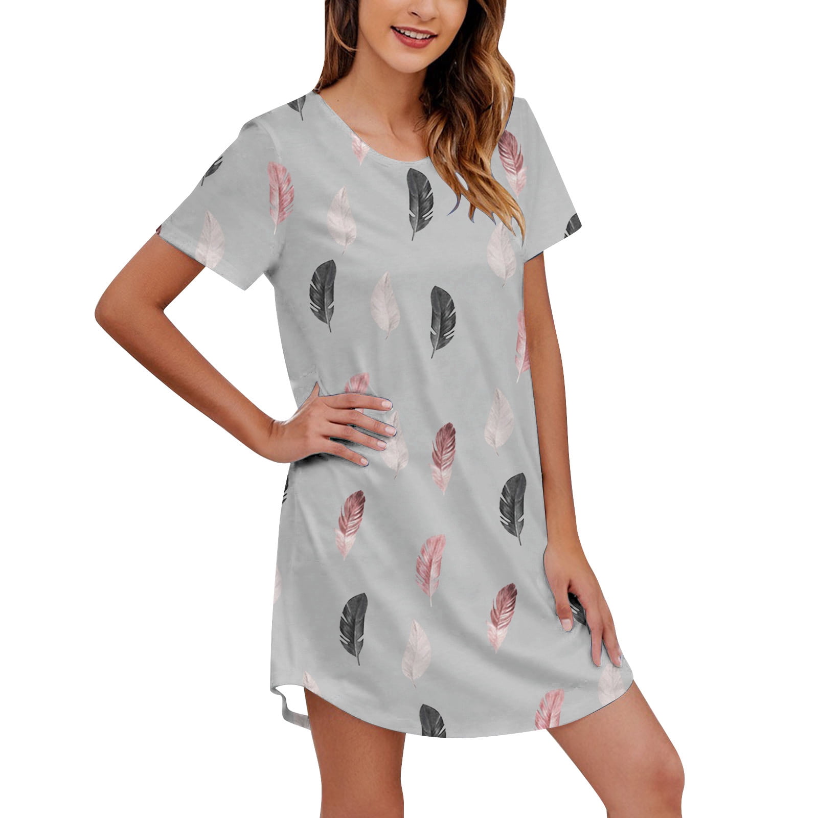 Ketyyh-chn99 Ensemble de Pyjama pour Femme T-Shirt de Nuit à Manches Courtes Imprimé Col Rond Mignonne Nuisette Confortable Robe de Nuit Gris,2TG