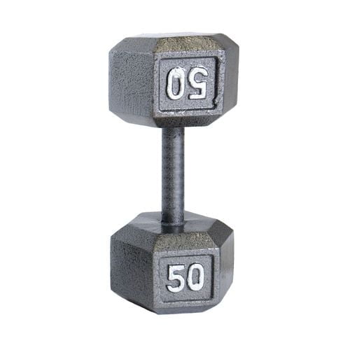 CAP Barbell Cast Iron Hex Dumbbell 50 lb with grey cast iron hexagonal heads and cold rolled solid steel handle featuring medium depth knurling for grip, hex shape prevents rolling, suitable for targeted muscle and full body strength training.