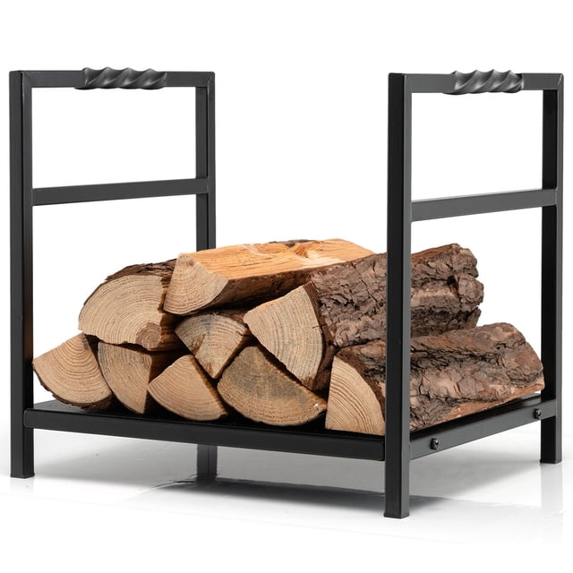 Gymax Firewood Rack Fireplace Log Holder Wood Steel Stove Bracket Stacking Rack in a compact black steel frame with handles and a raised base. The rack is shown holding neatly stacked firewood, highlighting its 16'' x 14'' x 13.5'' dimensions and 110 lbs weight capacity. Designed for indoor and outdoor use, it features a rustproof finish, non-slip foot pads, and a 2-inch ground clearance for ventilation and dryness.