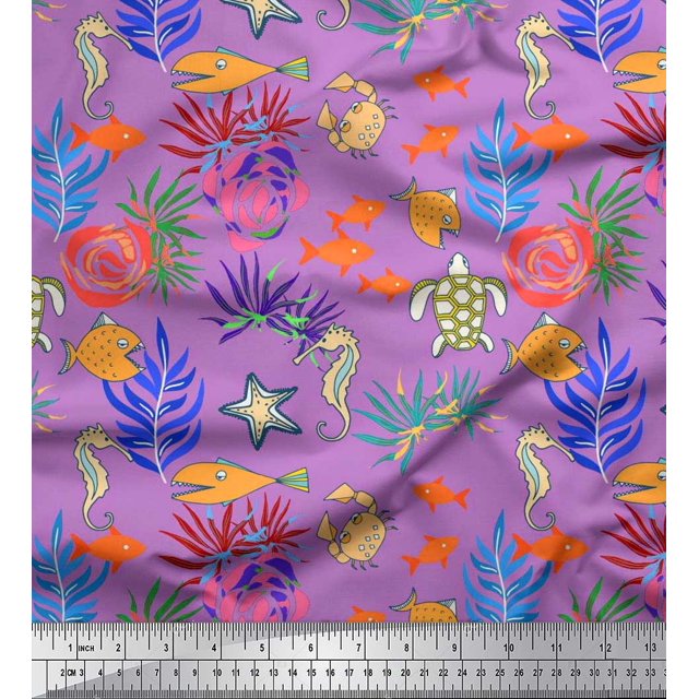 Soimoi Rayon Fabric Coral,Fish & Sea Turtle Ocean Print Fabric by Yard 56 Inch Wide