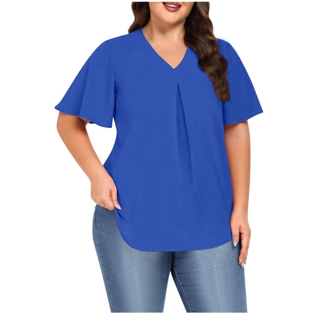 Frostluinai Women's Tops Plus Size Ruffle Short Sleeve Tunic Shirts V Neck Pleated Tshirts Solid Color Flowy Blouses Lightweight Going Out Tees