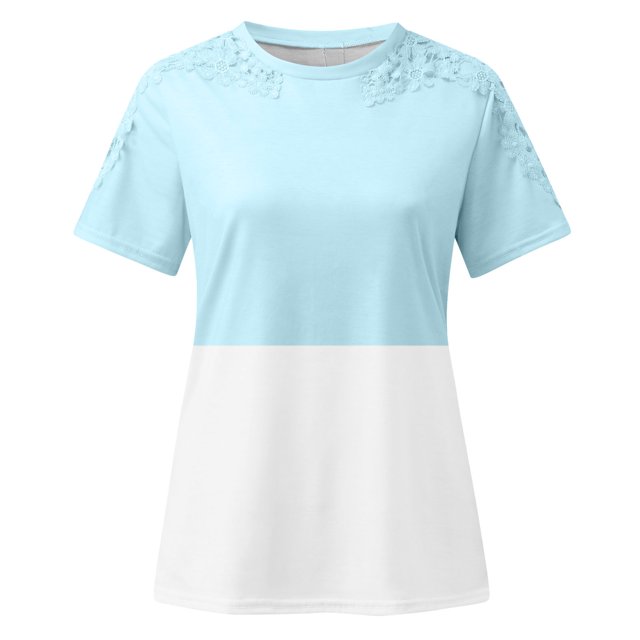 TopLLC Women's Short Sleeve Plus Size Tops Crewneck T Shirt Loose Fit Lace Stitching Shirts Solid Hollow Out Ruffle Tunic Tops