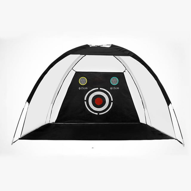 Golf Practice Net, 6.6x4.6ft golf hitting training aids net featuring a large black target area with a red bullseye and three target pockets for chipping practice. The net is supported by a durable fiberglass frame and lightweight nylon mesh, designed for indoor or outdoor use. Includes a carry bag for portability and easy storage.