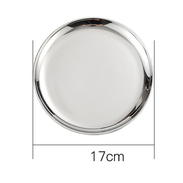 Assiette de Dîner en Acier Inoxydable de 17 cm de Diamètre, de Forme Ronde et Finition Argent Polie. l'Assiette au design simple et Classique, Convient au Déjeuner, au Dîner Ou au Souper. Elle s'Affiche sur un Fond Blanc avec des Repères de Mesure.