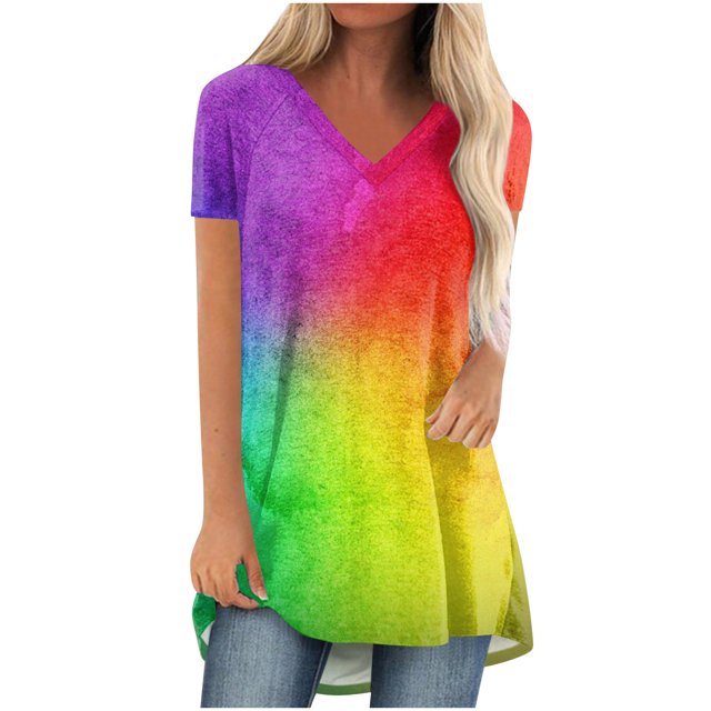 Birdeem Blouse à Imprimé Dégradé pour Femmes, Col en V, Manches Courtes, T-Shirt Ample, Hauts