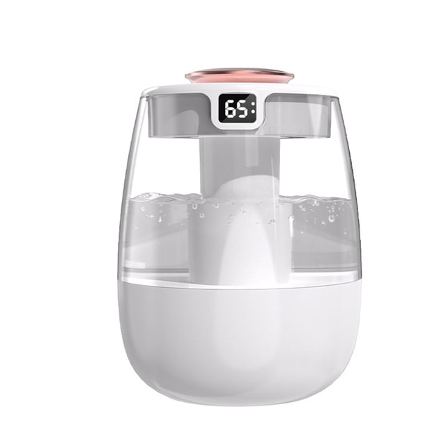 Dvkptbk Humidifier Usb Double Spray Heavy Fogss Silent Digital Humidifier with a compact, modern design featuring a white and transparent body. The humidifier includes a digital display showing humidity levels, a night light function, and a USB charging port. Ideal for desktop or office use, it offers three-speed humidification modes and operates silently. Made from ABS and PC materials, it measures 17.2 x 13 x 13 cm and is lightweight at 280g.