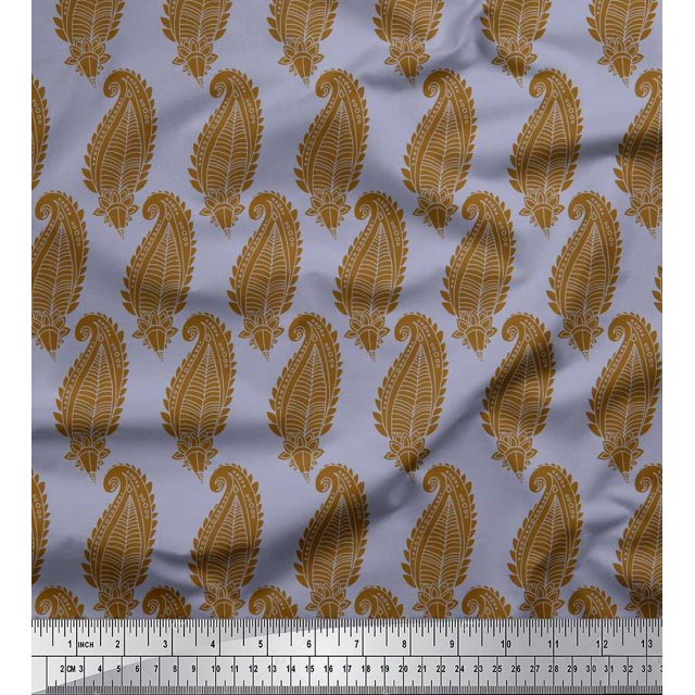 Soimoi Grey Silk Fabric Brown Paisley Printed Fabric 1 Yard 42 Inch Wide