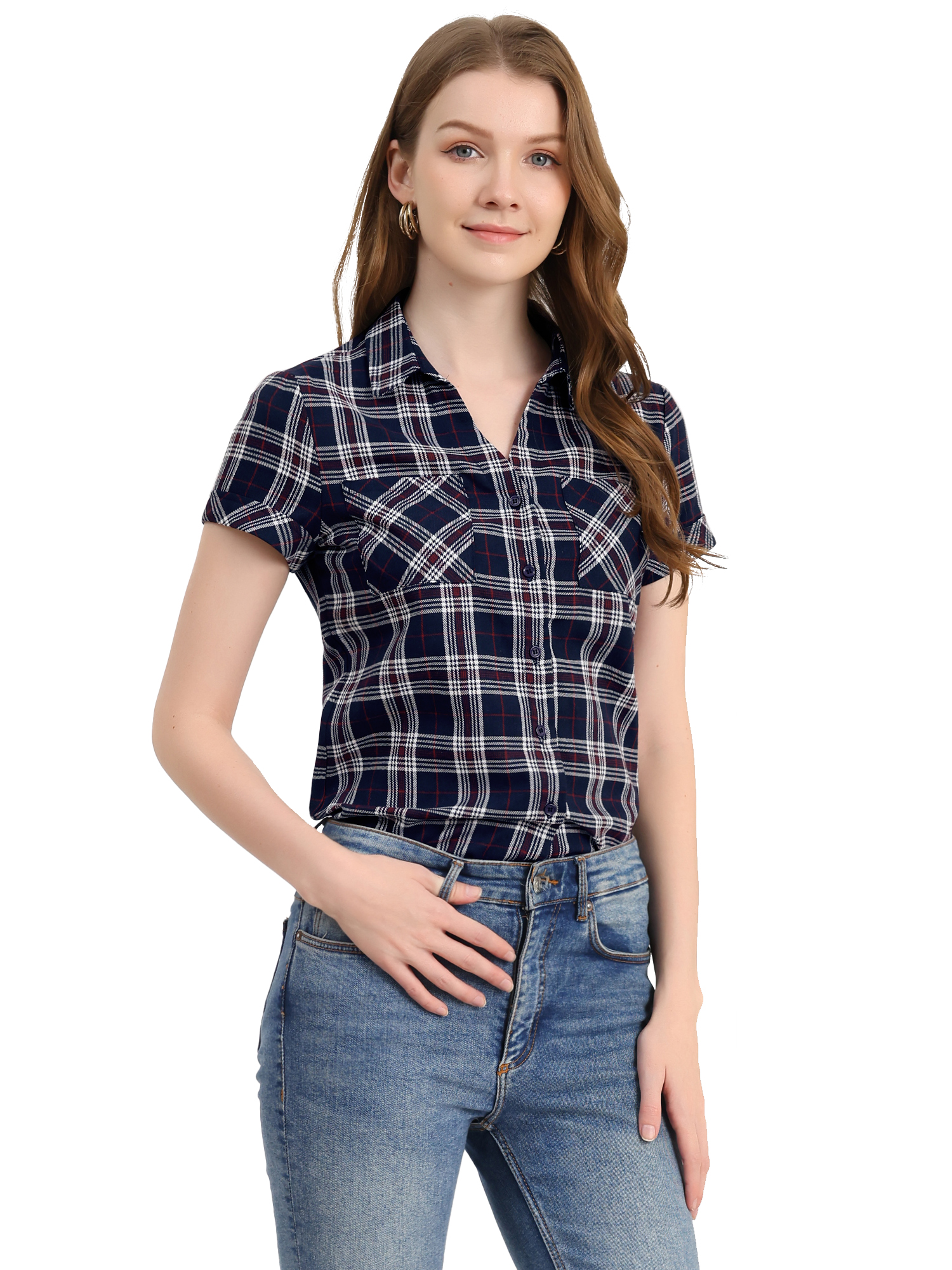 INSPIRE CHIC Chemises à Carreaux pour Femmes Col en Pointe Chemisiers Boutonnés Bleu Foncé L