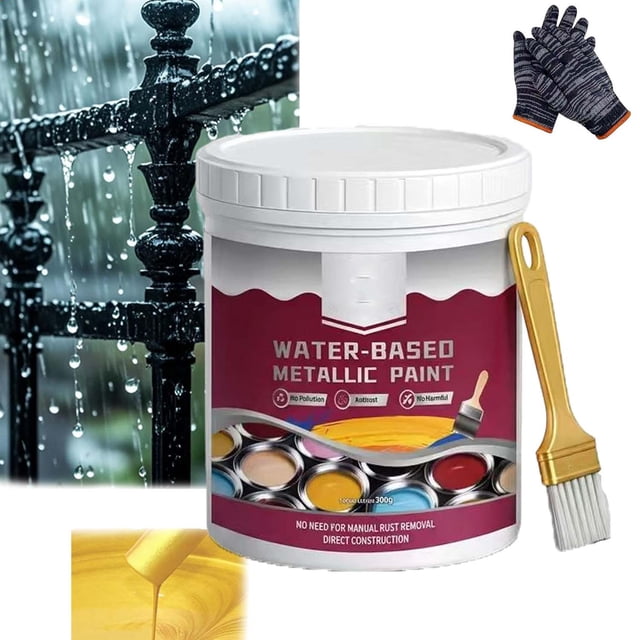Rust Removal Converter Metallic Paint, 300g 2-In-1 Rust Converter & Metal Primer, Anti-Rust Metal Paint For Cars, Fences, And Garden Tools with Brush (Gold)