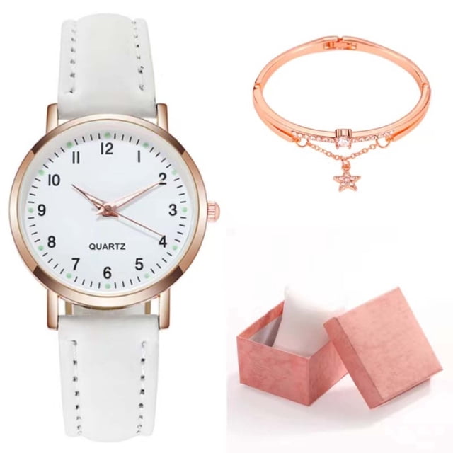 Women's Quartz Watch With Luminous Arabic Numeral Dial, Frosted Leather Strap, 32.5 mm Gold-Tone Case, Includes Bracelet And Gift Box