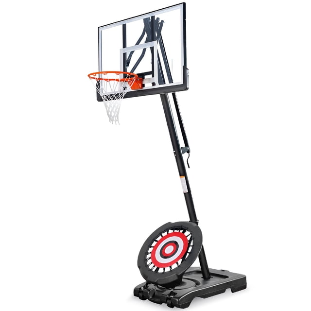 IE Sports Basketball Portable Panier à Hauteur Réglable, Doté d'Un Panneau Arrière Robuste de 44 Pouces et d'Un Rebondisseur. Conçu pour l'Extérieur, le Panier Noir et Rouge Comprend une Jante Détachable et une base Remplissable pour la Stabilité, Idéal pour les Buts de Basketball dans les Entrées, les Cours Arrière Ou les Parcs.