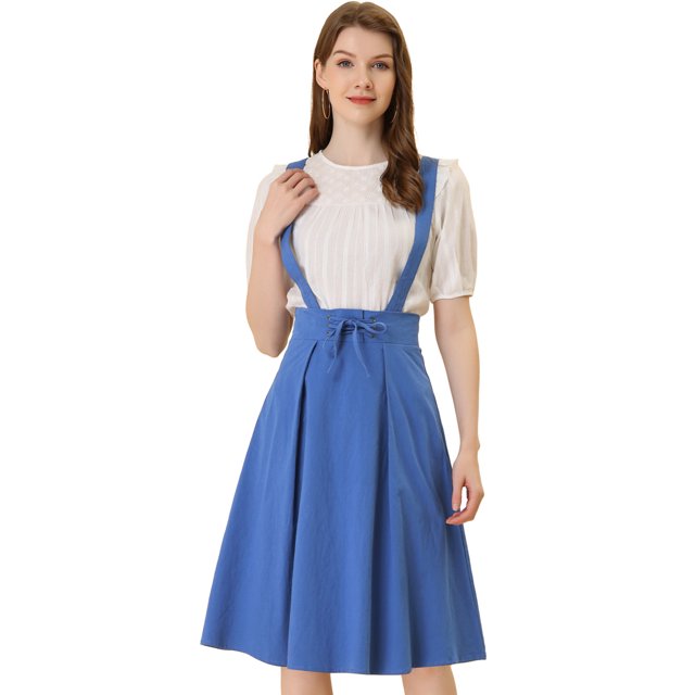 Unique Bargains Jupe Midi Plissée à Bretelles Rétro à Taille Élastique pour Femme, Bleu, TG