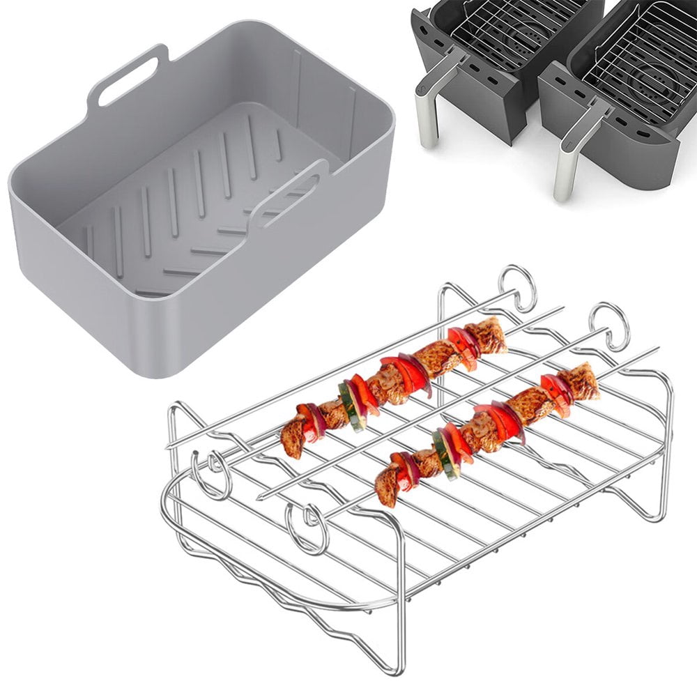 MesaSe 2Pcs Air Fryer Accessories Set with Air Fryer Silicone Pot and Double Layer Rack with Skewer Reusable Air Fryer Liner with Handle Stainless Steel Air Fryer Rack with 4 Skewers
