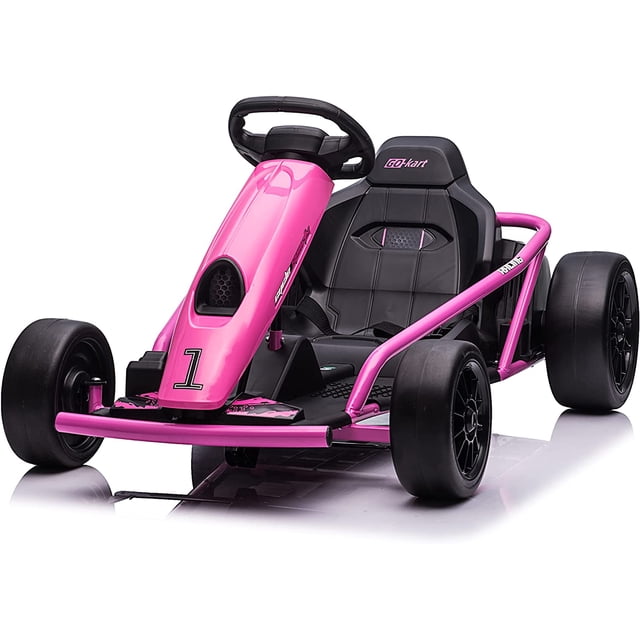 VOLTZ TOYS Electric GoKart, 24V Outdoor Racer Drifter Go Kart Drift Car for Kid and Adult, shown in a vibrant pink design with a sturdy metal frame. Features include a black ergonomic seat with a safety belt, front rubber tires for stability, and rear plastic tires for drifting. The go-kart is equipped with dual motors and a 24V rechargeable battery for smooth acceleration and up to 13 km/h speed. Suitable for children aged 6–12 years, with a weight capacity of up to 132 lbs.