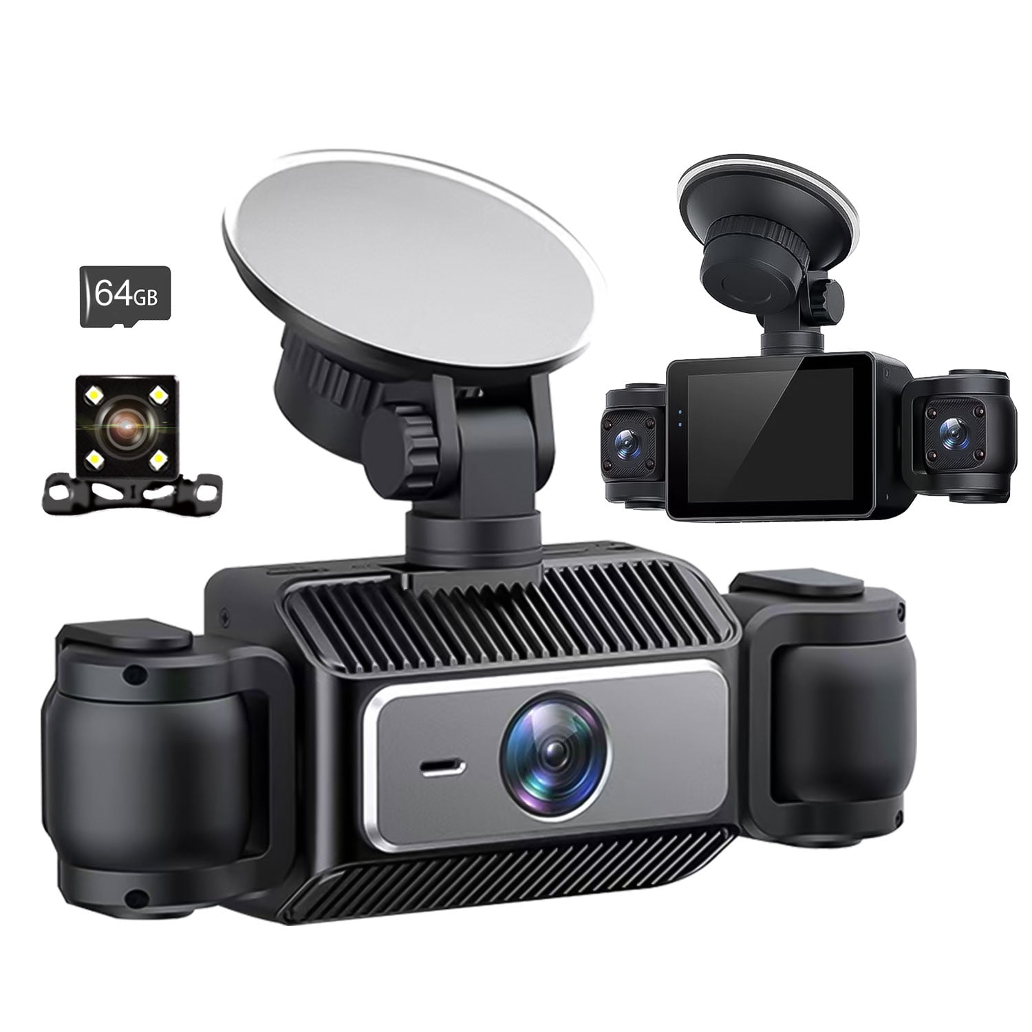 4-Channel Dash Cam Front and Rear with Dual Interior Camera, 1080P Car Dash Camera with 64GB TF Card, Parking Mode, G-Sensor, Night Vision, Loop Recording, Emergency Locking