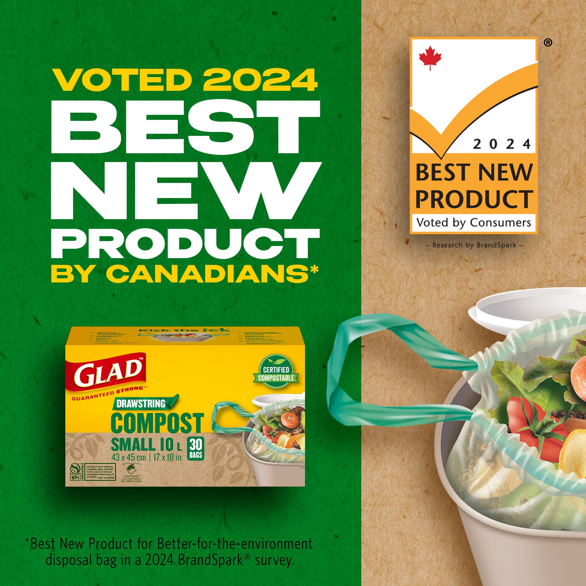 Glad Certified Compostable Drawstring Bags - Small 10 Litres - Drawstring, 30 Compost Trash Bags -