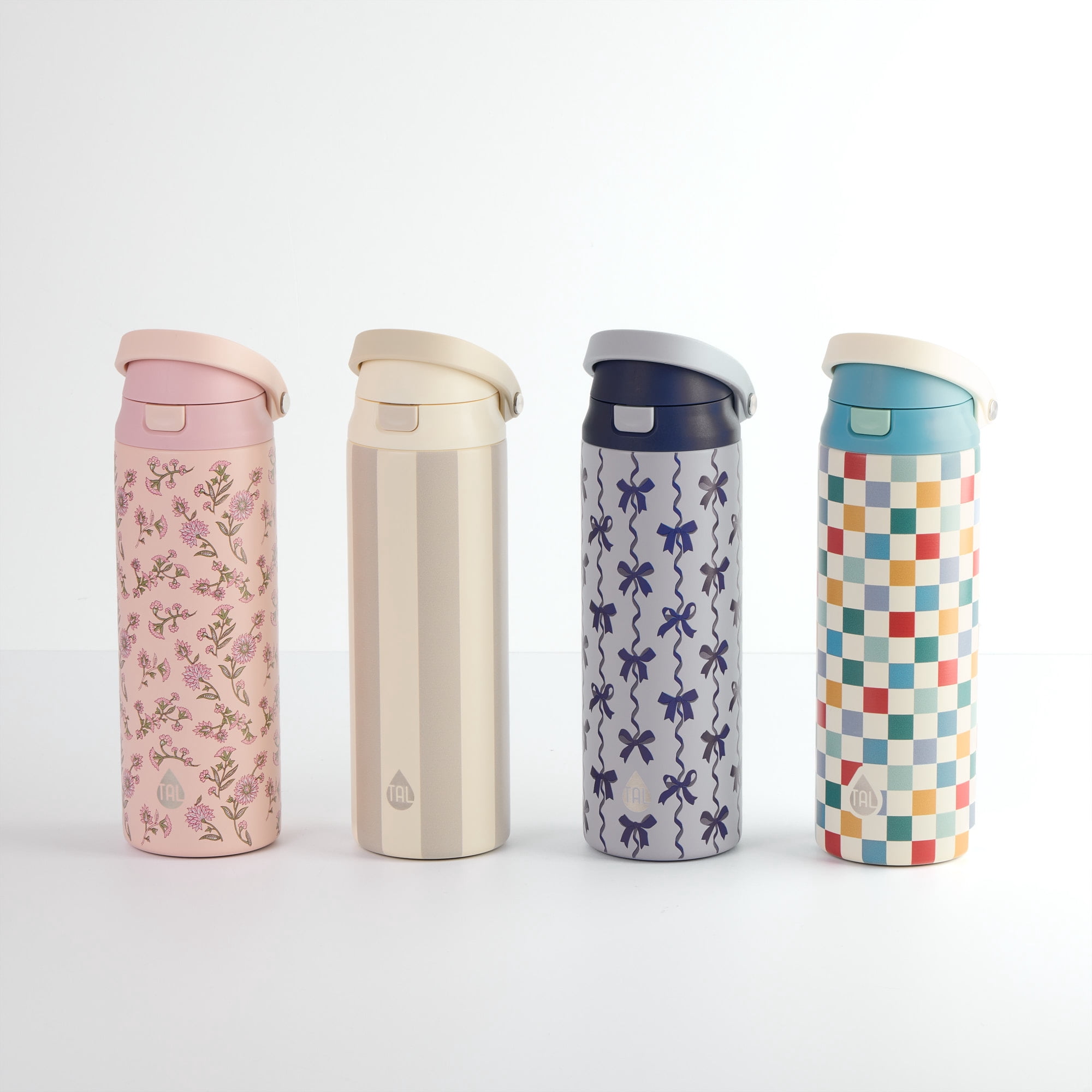 TAL Stainless Steel 2-in-1 Straw and Chug Water Bottle with Push Lid 24 fl oz, Blue Bows