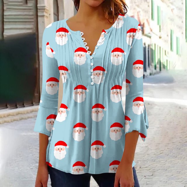 Birdeem Haut Plissé à Manches 3/4 Col en V Imprimé de Noël pour Femmes