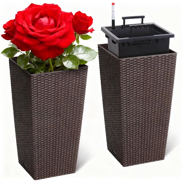Garvee 22.5" Tall Planter Pots Set of 2, Rattan style, 2 Trays,Water Level Monitor, Wheels, Brown