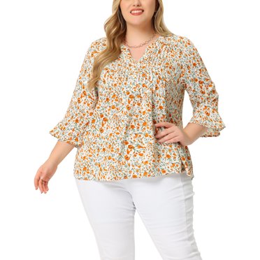 GRACE & GRANDEUR Blouse à Fleurs pour Femme Grande Taille Plissée à Col en V Manches 3/4 4X Blanc