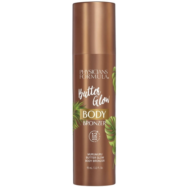 Butter Glow Body Bronzer by Physicians Formula in a bronze cylindrical bottle with tropical leaf accents, providing 12-hour waterproof, transfer-proof wear and 95 ml (3.2 fl oz) volume, suitable for instant sunless tanning and skin conditioning with Amazonian butters.