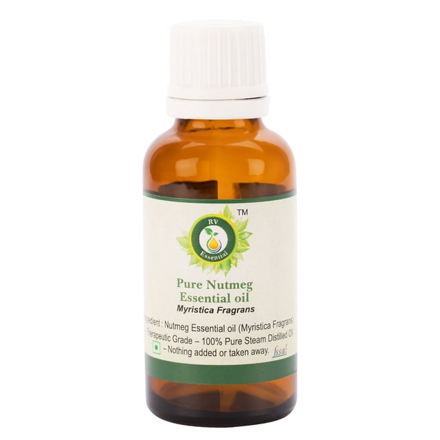 Nutmeg Essential Oil Myristica Fragrans by R V Essential in a 15ml amber glass bottle with a white cap. The label highlights its 100% pure and natural steam-distilled therapeutic grade quality, suitable for aromatherapy and skincare.