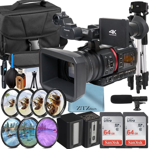 Panasonic AG-CX350 Camcorder UHD 4K with 2 Pack 64GB SanDisk Memory Card + Case + Microphone + Filter Kit + ZeeTech Accessory Bundle