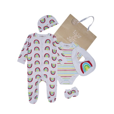 Lily and Jack Ensemble Layette Arc-en-Ciel 5 Pcs – Essentiels pour Bébé 100 % Coton, Dormeuse, Cache-Couche et Plus – Cadeau Adorable et Confortable pour Bébés Garçons et Filles
