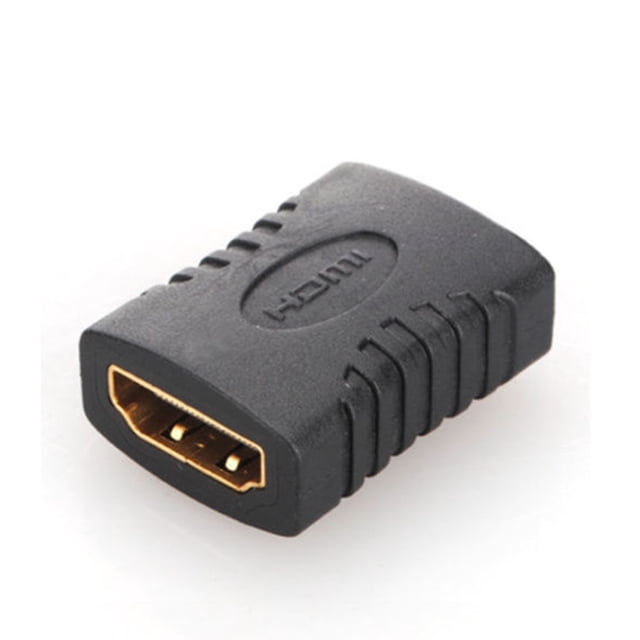 TIMIFIS HDMI Female to Female Coupler Extender Adapter Connector F/F for HDTV HDCP Gift. A compact black HDMI coupler with gold-plated connectors, designed to connect two HDMI cables for extended length. Ideal for HDTV and HDCP setups, measuring 3cm x 2cm x 1.1cm.