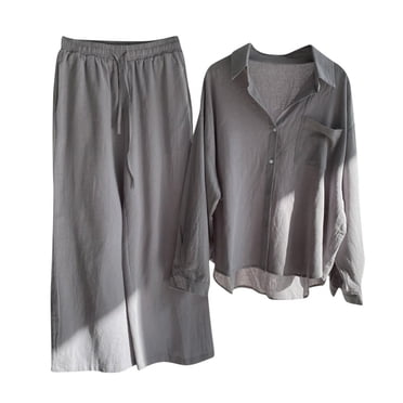CHOK Ensemble Deux Pièces en Lin Femmes Grande Taille22 Ensemble en Lin pour Dames Co Ord Été Chemises à Manches Longues Boutonnées Pantalons à Jambes Larges Tenue de Détente Costume de Plage Survêtements pour Sortir Vacances