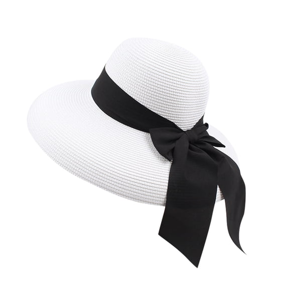 MIASHUI Women's Summer Retro Bow Sun Hat, Foldable Wide Brim Visor for Beach, Packable UV Protection Hat with Chin Strap White
