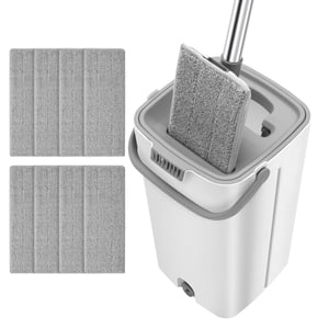 Self-Wash and Squeeze Dry Flat Mop and Bucket Set, Includes 3 Washable Microfiber Pads, Dual-Chamber Bucket System with 360 Rotation Mop Head