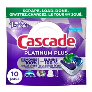 Cascade Platinum Plus Sacs d'action, Détergent de lave-vaisselle, frais, 10ct