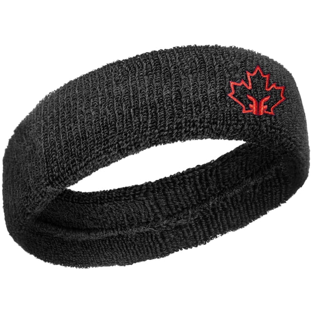 Casque de Sécurité d'Automne pour la Vie Quotidienne par Forcefield® de style Bandeau Anti-Transpiration, Montré en Noir avec un logo de Feuille d'Érable Rouge. Conçu pour Réduire la force d'Impact de Plus de 50 %, Ce Serre-Tête Protecteur Unisexe Convient aux sports Sans Collision comme le soccer, le curling et le pickleball, Ainsi Qu'à la Sécurité en Équilibre et aux applications Médicales. Fabriqué en Matériau Éponge de Coton Absorbant avec Extensibilité pour un Ajustement Sécuritaire, Il Répond aux Normes de Sécurité ASTM et CEII. Populaire pour Son style