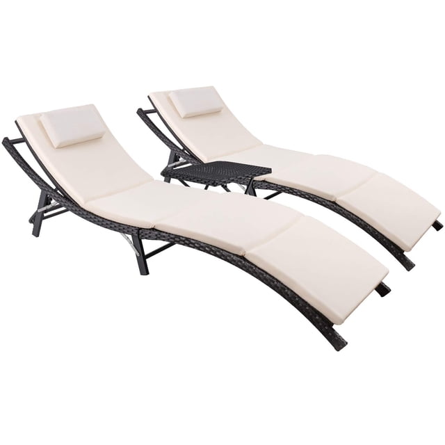 Devoko Ensembles de Chaises Longues de Patio en Rotin d'Extérieur, Dossier Réglable, 3 Pcs, Chaises Longues de Patio Pliantes Coussinées avec Table Pliante (Beige)