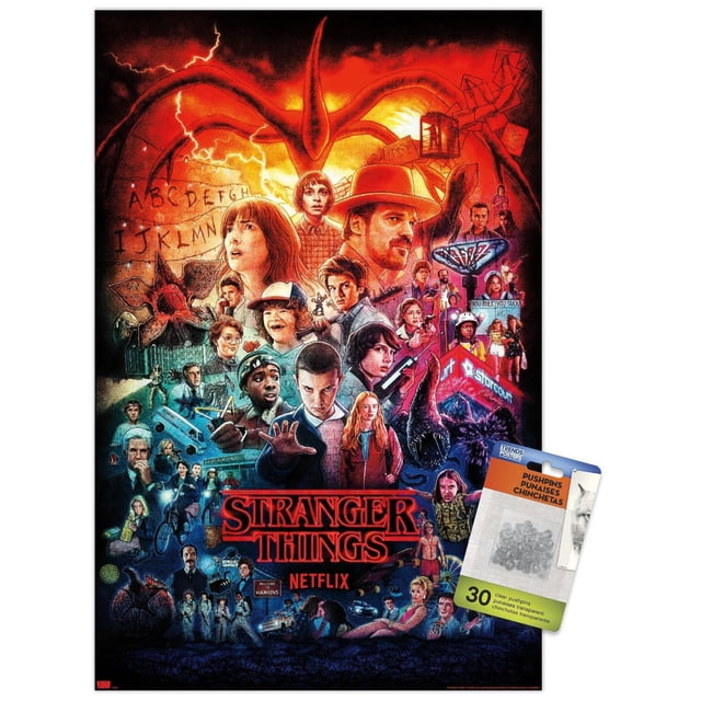 Netflix Stranger Things - Affiche Murale Trois Saisons en une Feuille, 22,375 Po x 34 Po, Montrant un collage Détaillé de Personnages et de Scènes Surnaturelles de la Série avec un Arrière-Plan Rouge et orange Ardent, le logo Stranger Things en Rouge au Centre Inférieur, et un Lot de 30 Punaises Transparentes Incluses pour une Suspension Facile.